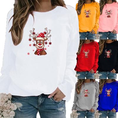 Inverno feminino casual manga comprida papai noel impressão moletom senhoras em torno do pescoço solto camiseta plus size topos camisola de manga comprida