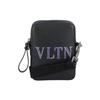 VLTN Letter Print Zipper Calfskin Phone Bag Men Shoulder Bag Black XY2B0-943GCI-N78