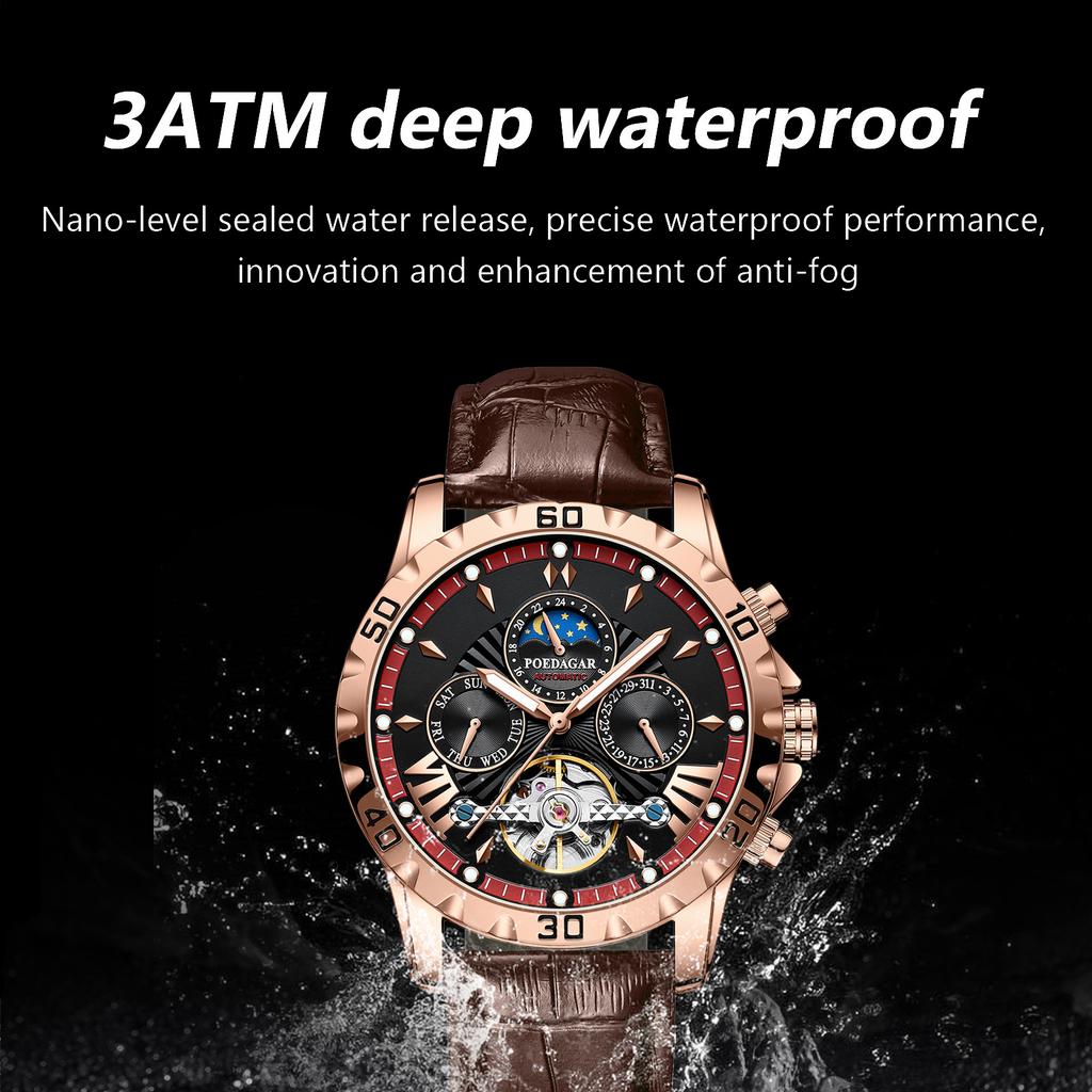 Tourbillon Automatic Mechanical Wristwatch Waterproof Luminous Date Week Leather Men Watch Luxury Fashion Men's Watches
