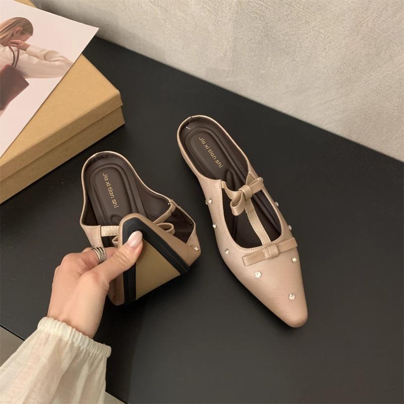 Fashion Gentle Fairy Half Slippers 2025 New Spring Elegance High Quality Casual and Comfortable Bow Pointy Square Slippers