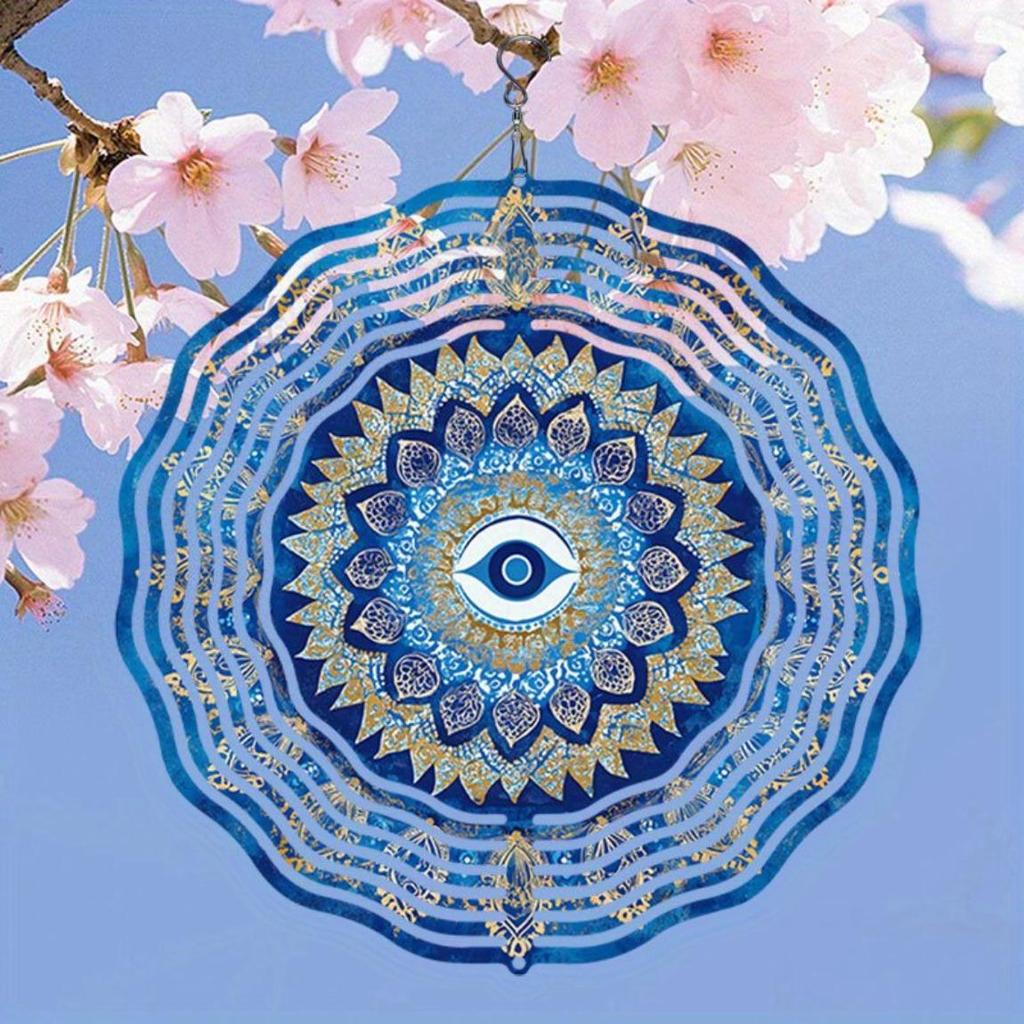 Blue Mandala Eye Wind Chime Outdoor Decor 2D Metallic Garden Art with Vibrant Blue Golden Patterns Infinite Rotation Kinetic Energy Capturing