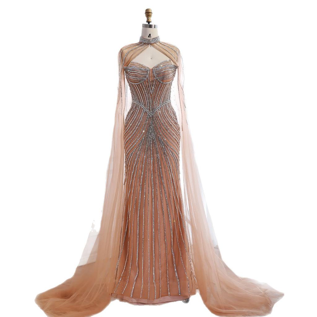 Nude luxury beads flying sleeves dignified atmosphere host art test solo evening dress dress LA11118