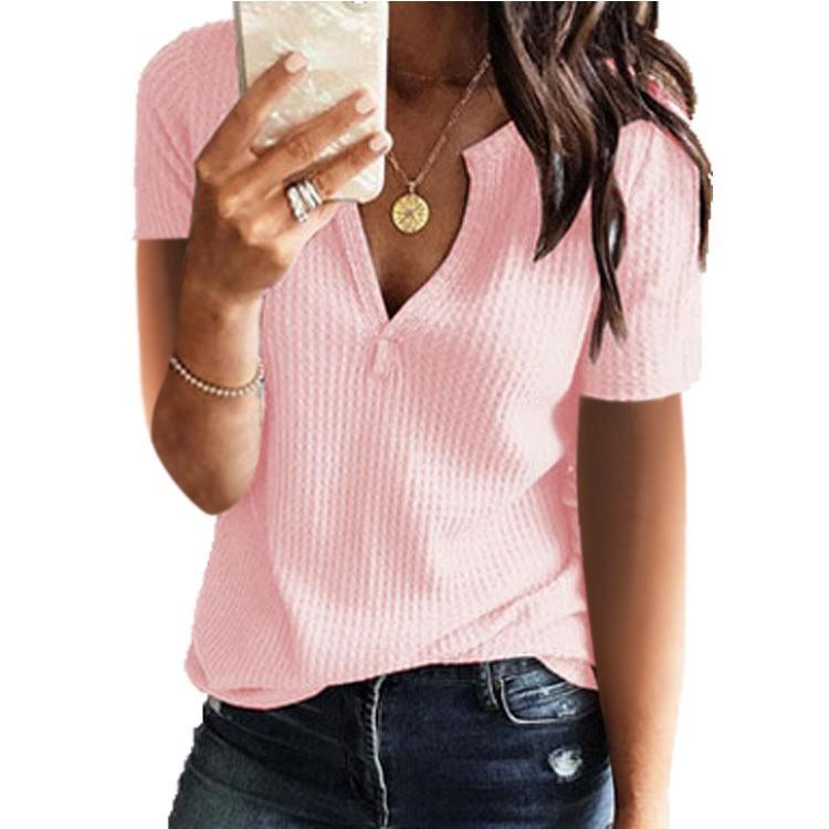 IHUASU Spring Summer Solid Color Short-sleeved V-neck Waffle Top for Women