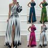 Spring and Autumn New Printed Slanted Shoulder Split Dress, Casual Loose Party Dress