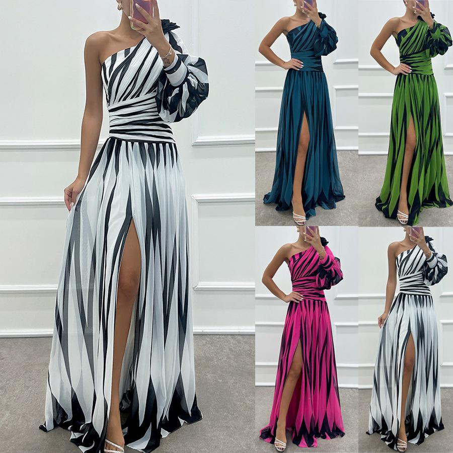 Spring and Autumn new printed slanted shoulder split dress, casual loose party dress