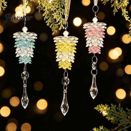Reusable Holiday Home Decor Acrylic Pine Cone Pendant with Faux Crystal Drop, Christmas Tree Gradient Color Decorative Pendants Hanging Ornaments,