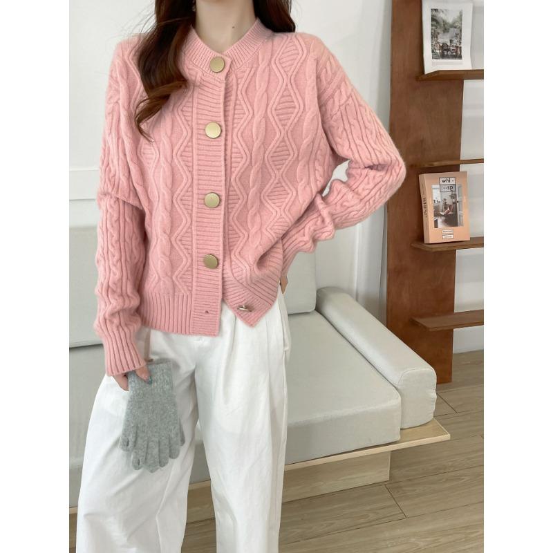 Autumn and Winter New Round Neck Retro Twist Knitted Cardigan Sweater Jacket Lazy Style Design Soft Waxy Sweater Women