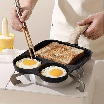 Vielseitige Bratpfanne aus antihaftbeschichteter Aluminiumlegierung, Doppelfach für Eier und Toast – rostbeständig mit Holzgriffen, perfekt für Gas