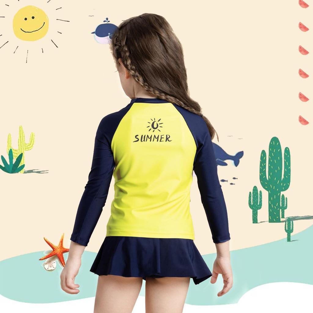 Girls' Long-Sleeved Split Swimsuit with Letter Print & Short Skirt - 2025 Collection