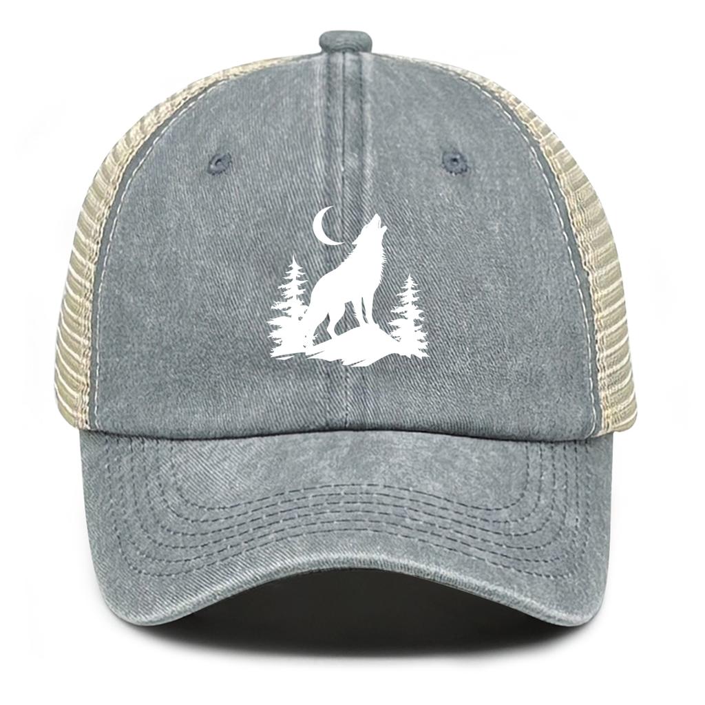 Howling Wolf Snapback Mesh Cap Forest Wolf Trucker Cap Solid Color Non-Stretch Fabric Adjustable Baseball Hat For Women & Men