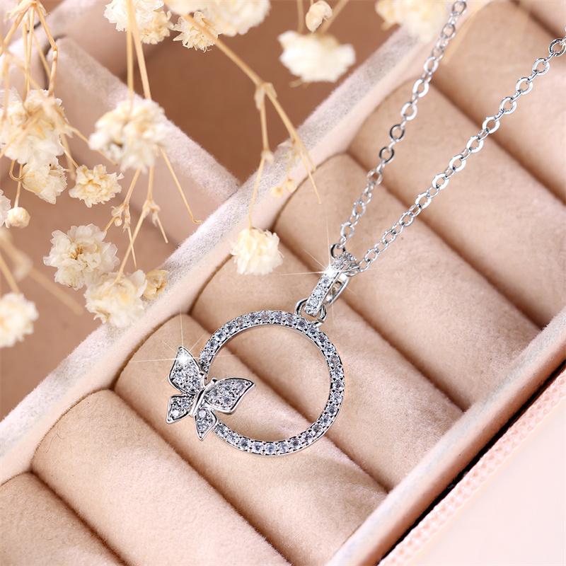 Fashion Female White Round Butterfly Pendant Necklace Cute Silver Color Necklaces For Women Wedding Jewelry Gift