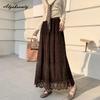 French Style Autumn Winter Women Midi Skirt High Waist Black Beige Brown Hollow Out Skirt Elegant Feminine Ladies' Skirts Womens