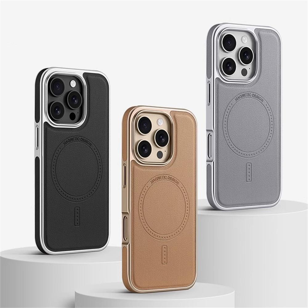 Premium Plating Frame Business Leather Magnetic Case for iPhone 17 16 15 14 13 Pro Max Plus 17Air For Magsafe Shockproof Cover