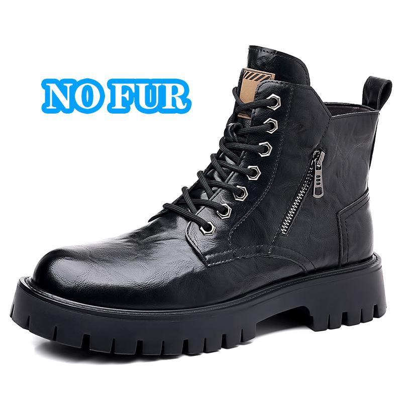 Casual Leather Men's Cowboy Boots Sneakers Platform Motorcycle Boots Winter Plush Snow Male Ankle Boots High Top Shoes