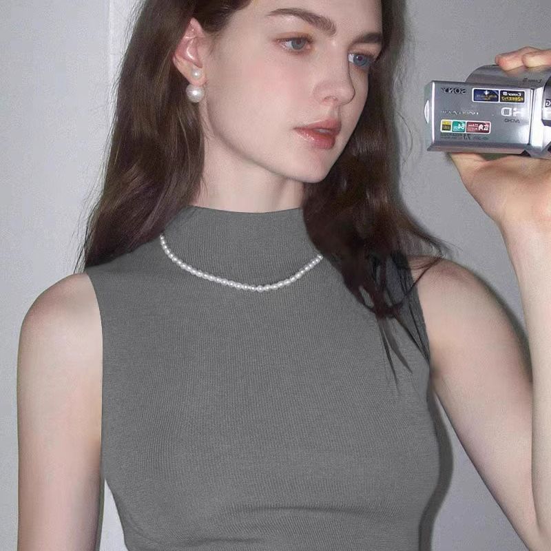 

Женский вязаный топ без рукавов с воротником-стойкой Повседневный облегающий базовый топ-майка Удобный S серый