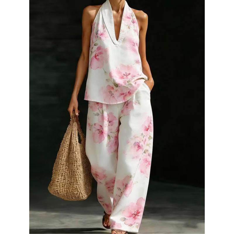 1116 Summer Cool Neck Suit Women's Temperament V-Neck Off-Shoulder Top + High Waist Wide Leg Pants Two-piece Set