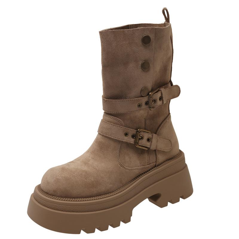 Height-increasing Retro Maillard Martin Women's Autumn and Winter New Models But Knee Two Wear Thick-soled Thick-heeled Western Short