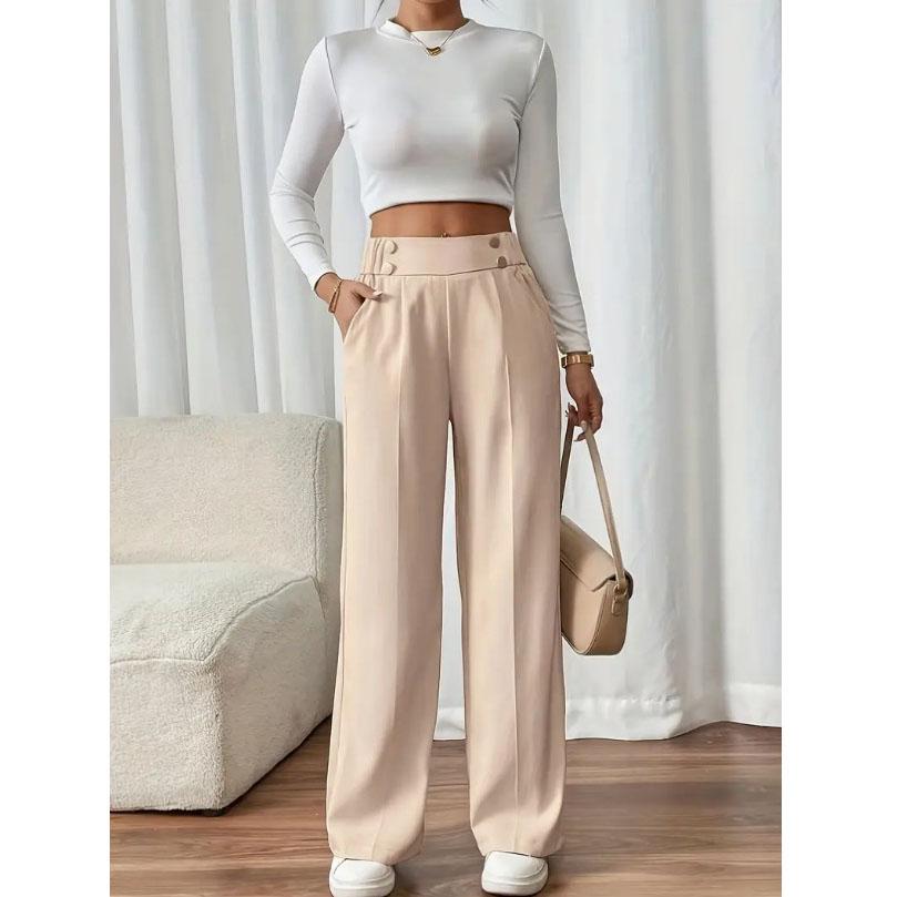 Women's High Waist Wide Leg Pants - Flowy Floor-Length Trousers Minimalist Straight Fit Lounge Pants with Elastic Wais