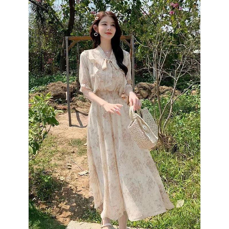 Summer French Style Floral Midi Dress - Waist-Cinched, Slimming, Elegant Temperament