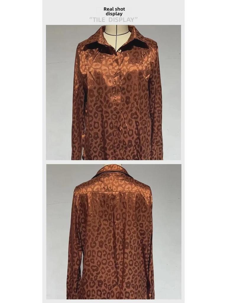 2025 Elegantes Damen Satin Jacquard Leopardenmuster Langarmhemd