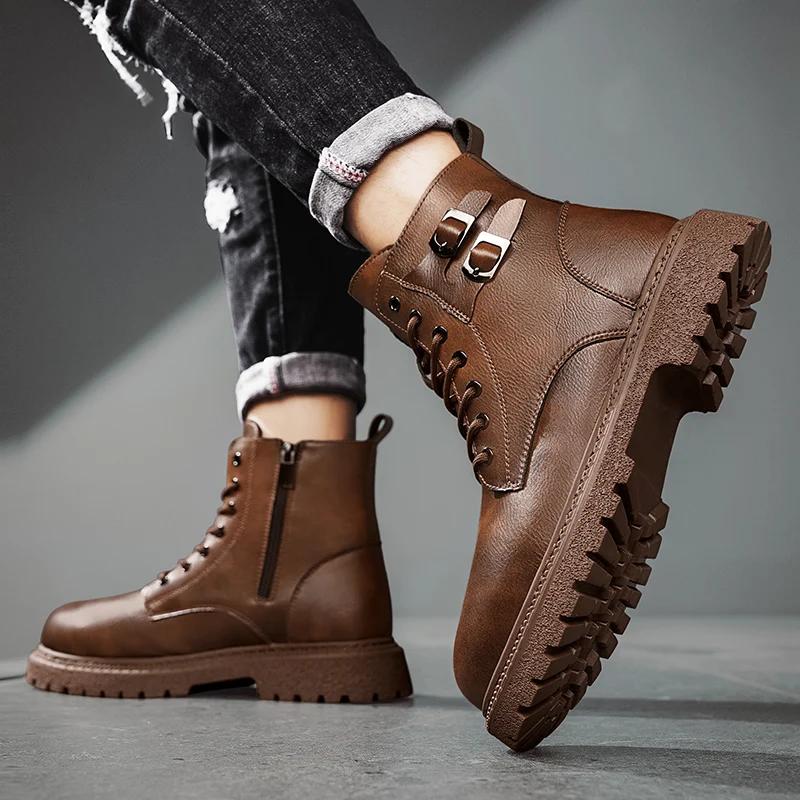 Men Outdoor Casual Leather Ankle Boots Large Size Soft Leather Motorcycle Boots Thick Bottom High Top Work Driving Shoes