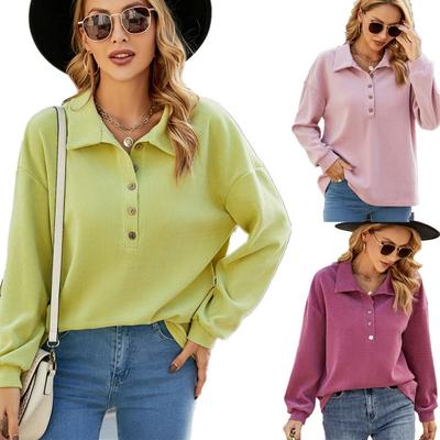 Pull-over à manches longues pour femmes, couleur unie, col à revers, sweat-shirt décontracté ample