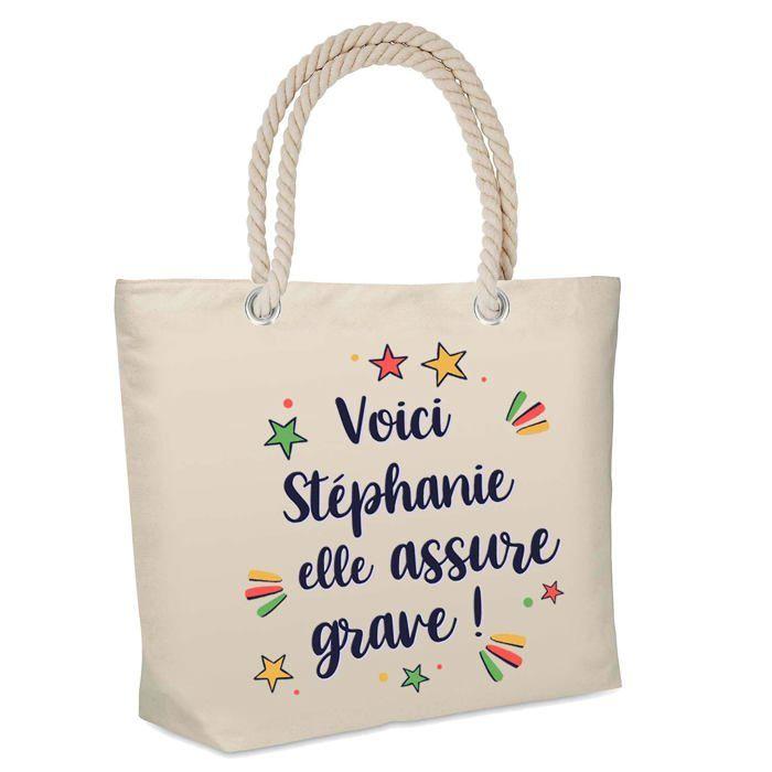 Sac cabas - PLANETEE - Isotherme de plage « Stéphanie elle assure grave ! » - Jute - Imprimé en France - Grande contenance