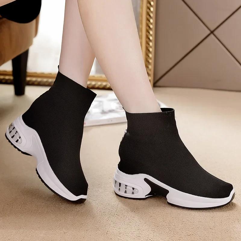 Women's Elastic High-Top Thick-Soled Round Toe Platform Sneakers with Height-Increasing Socks 2024