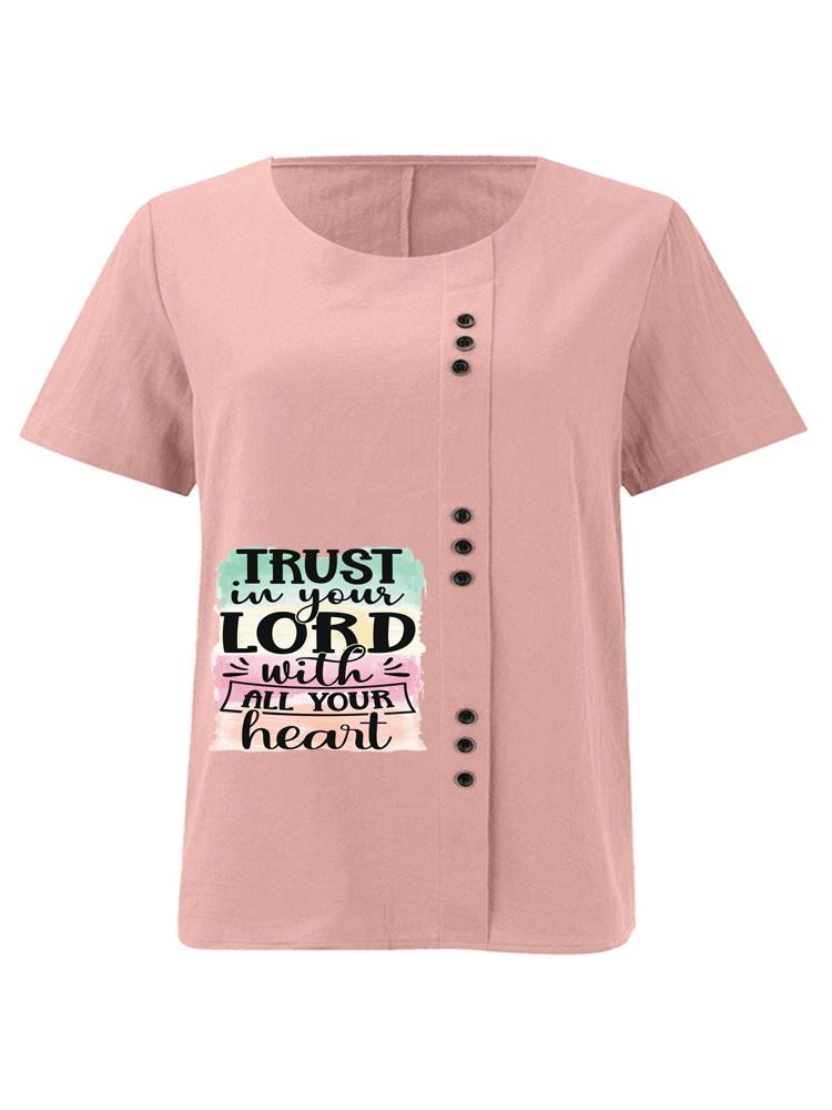Women s Fashion Letter Pattern Print Casual Cotton Linen Short Sleeve Round Neck T-shirt Shirt Leisure Loose Summer Blouse Tops S