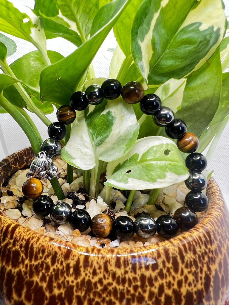 Triple Protection 8mm Bracelet: Tiger Eye, Black Hematite Beaded Bracelet with Silver Tiger Head Charm | Stylish, Durable, & Meaningful Gift for Him