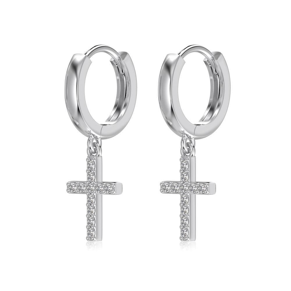 Dylam Jewelry Dainty S925 Silver 5A Cubic Zirconia Tiny Religious Cross Pendant Hoop Earrings for Women Daily Wear Jewel