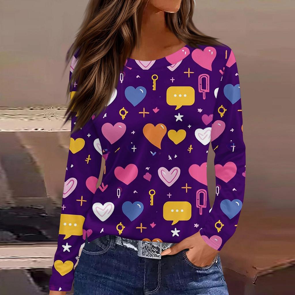 Women's Fashionable Long-Sleeved Round Neck Top with Slit Hem and Valentine's Day Heart Print