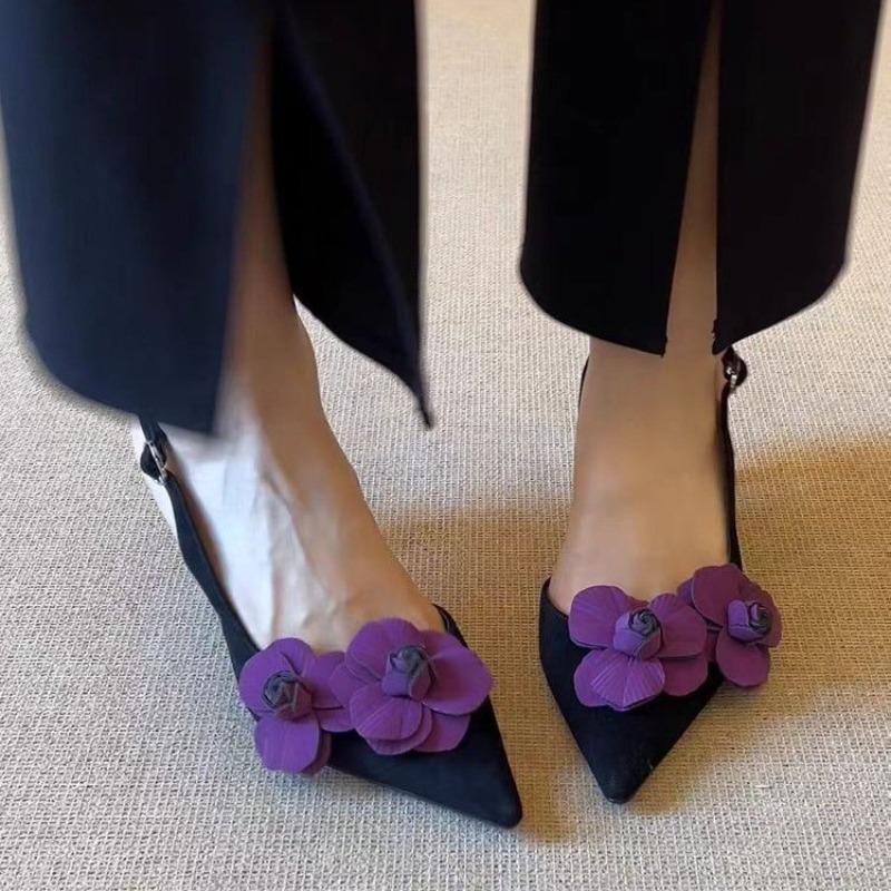 Fashion Retro Pointed Toe Stereo Flower Baotou Sandals Women Stiletto Heel Back Trip Strap with Skirt Sandals Women Outside Wear