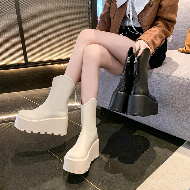 New 9cm PU Leather Chunky Platform Ankle Boots 2025 Women Back Zipper Thick Heeled Short Boots Woman Black Punk Boots Ladies