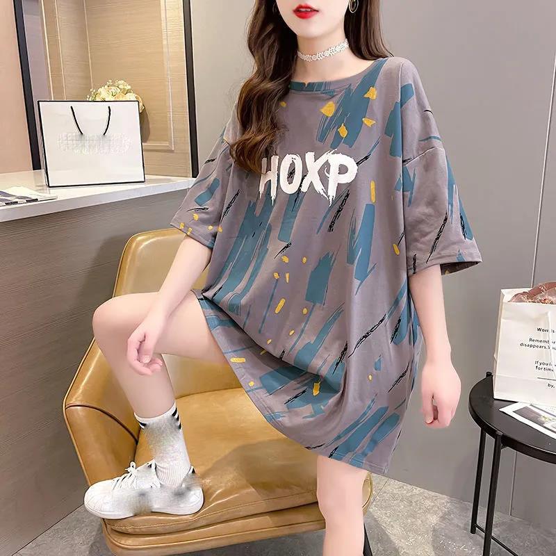 

Большой свитшот, женская футболка с коротким рукавом, летние корейские свободные топы средней длины с половиной рукавом M серый