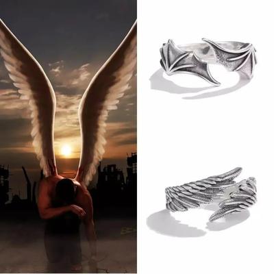 Retro Goth Black Color Angel Demon Wing Rings For Men Women Personality Adjustable Stainless Steel Couple Rings Punk Jewelry