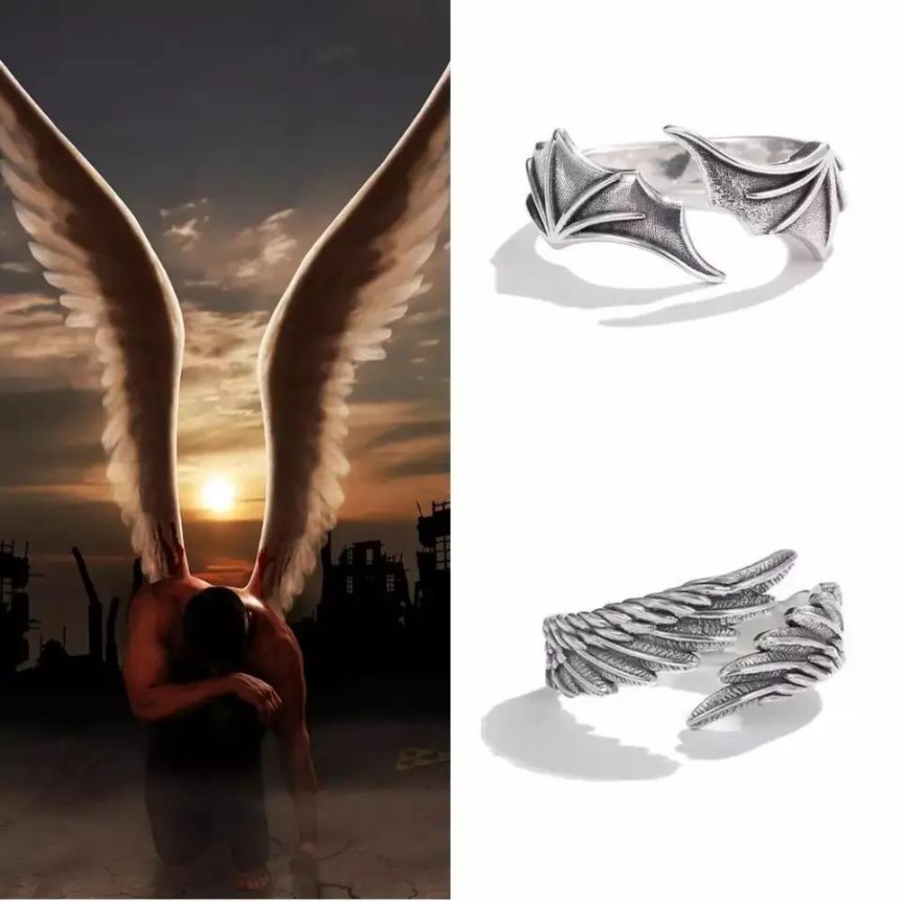 Retro Goth Black Color Angel Demon Wing Rings for Men Women Personality Adjustable Stainless Steel Couple Rings Punk Jewelry