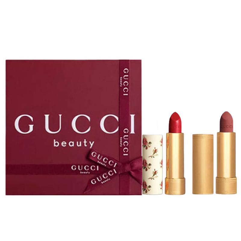 Набор косметики Gucci Золотой Бархат Маленький Цветочный Разноцветный Бархатный Туман Помада Шелковый Набор из двух предметов: Бархатная помада Mist #208 3,5 г + Шелковая помада #25 3,5 г золотой