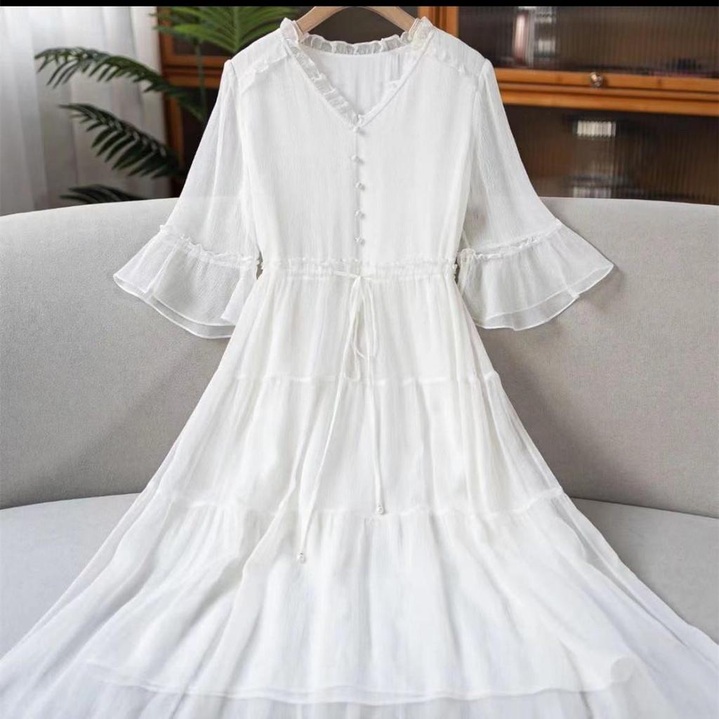 2023 Elegant V-Neck Red Chiffon Dress – Summer Style for Women, Age-Reducing, Fashionable and Suitable for Mothers