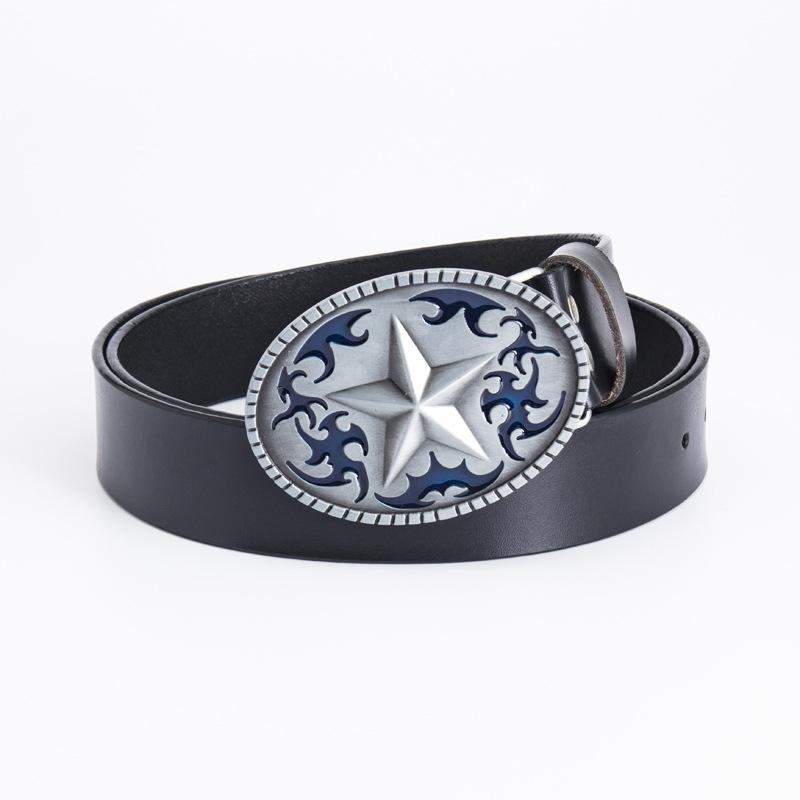 Pentagram Leather Men's Cowhide Belt Retro Smooth Buckle Wide Belt Decorative Belt