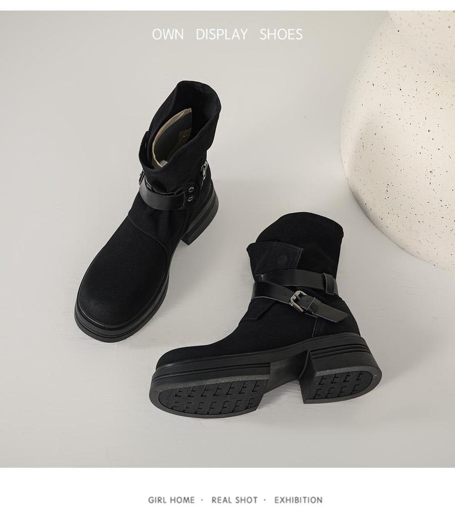 Women's Vintage Round Toe Leather Ankle Boots - Thick Sole, Chunky Heel, Short Tube for Autumn/Winter