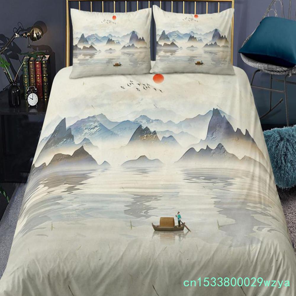 Set da letto paesaggistico in stile cinese Set copripiumino con fiori di prugno con federa Biancheria da letto Singolo Matrimoniale King Size Set piumone