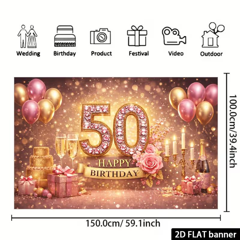 2D Pink Gold Glitter 50th Birthday Backdrop Home Party Celebration Photo Background