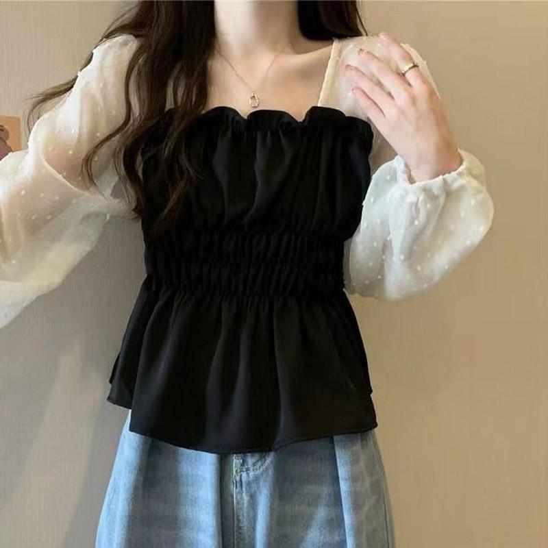 Classic Color Matching Fashion Net Penetration Ruffles Blouse Women New Long Sleeve Slash Neck Slim Korean All--match Lady Shirt