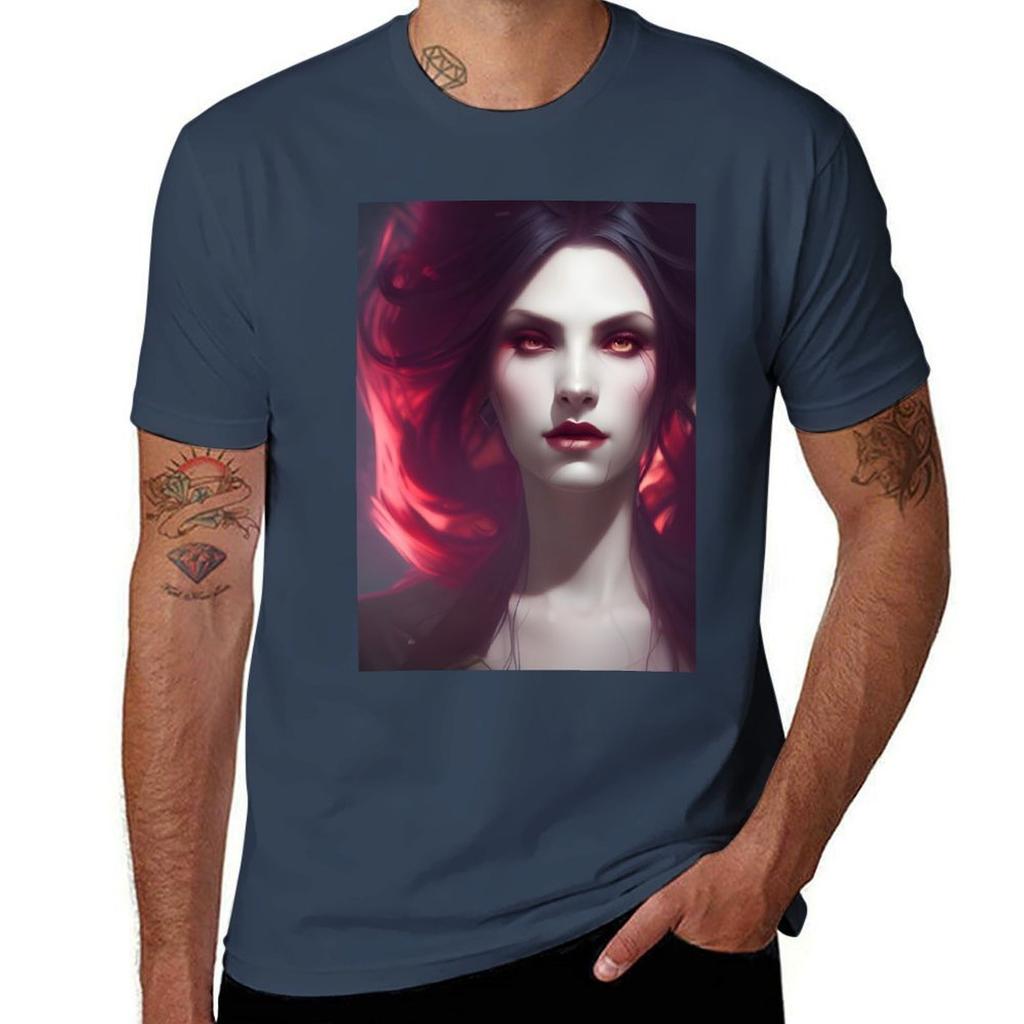 Sexy Brünette Vampir Verführerin Kunstwerk T-Shirt Einfaches Lässiges Kurzarm Baumwoll-T-Shirt