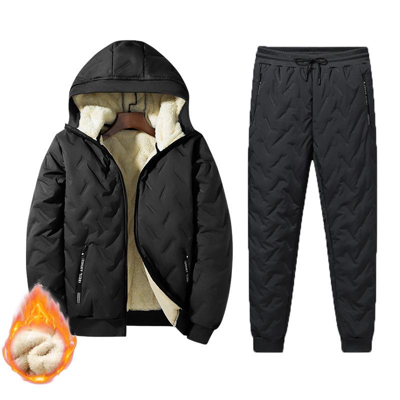 Men's Warm Hooded Ultrasonic Lambswool Coat & Plus Velvet Cotton Pants Set for Winter Cold Protection