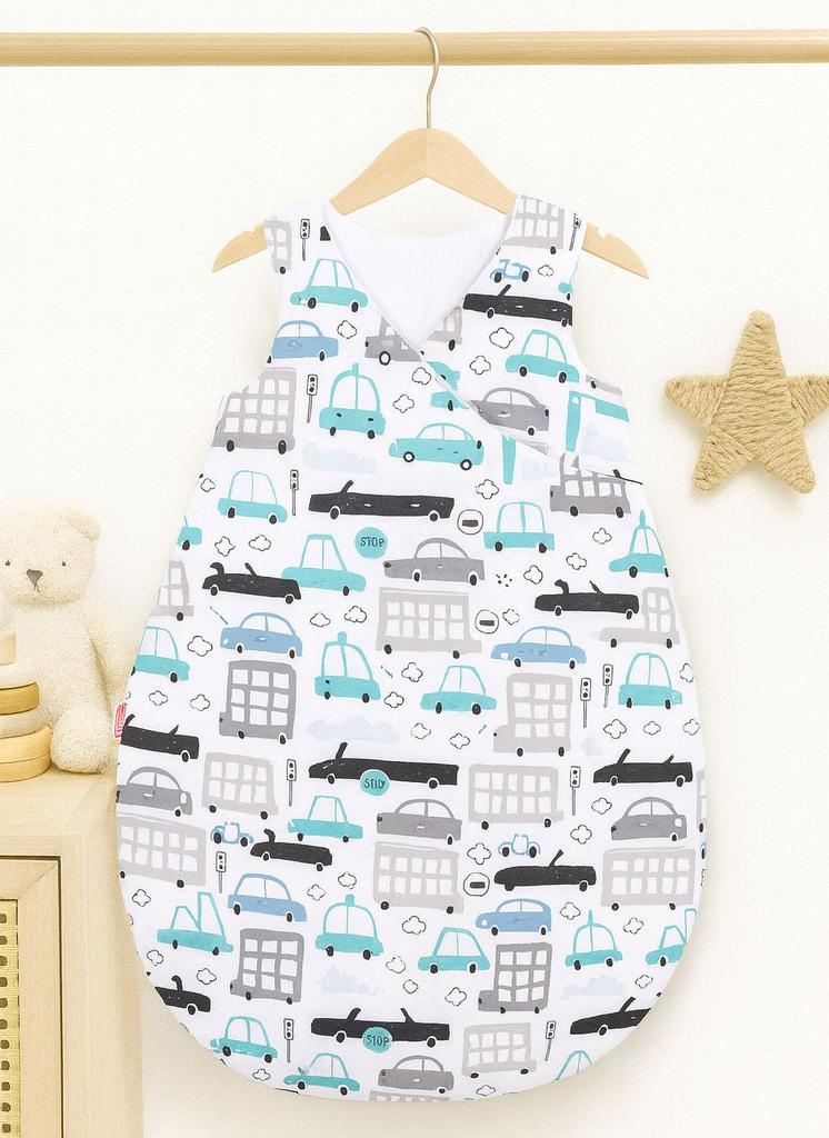 Cotton Sleeping Bag for Children 3-12 Mcy Tog 2.5 Year-Round Insulated - Gray-Turquoise Cars