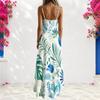 Women Plus Size V Neck Strappy Sleeveless Tropical Leaf Printed A Line Long Dress