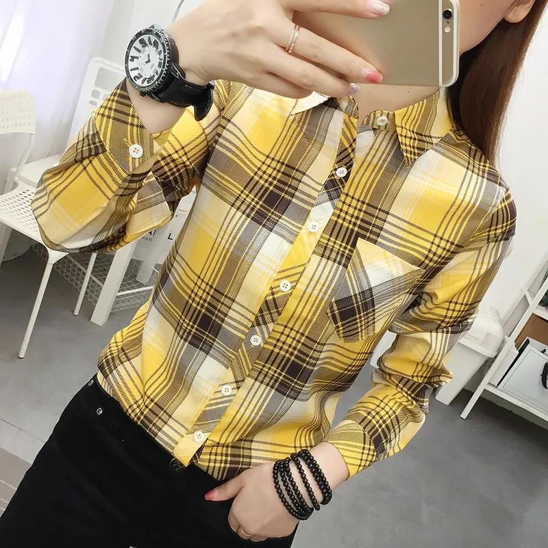 

Женская рубашка с длинными рукавами и лацканами в клетку на весну и осень, повседневная рубашка в стиле ретро в Корейском стиле L