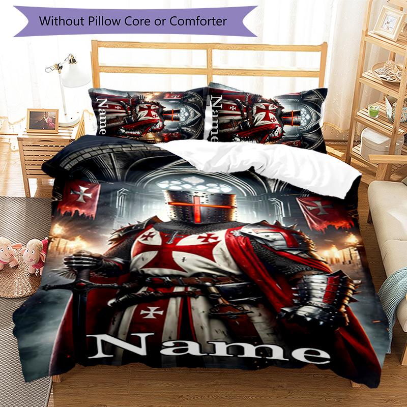 3pcs Custom Name Cartoon Knights Templar Bedding Set Duvet Cover Closure Includes 1 Duvet Cover & 2 Pillowcases for All Seasons Bedroom Decor
